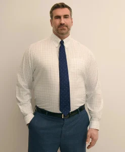 Big & Tall Stretch Cotton Non-Iron Pinpoint Oxford Polo Button Down, Windowpane Dress Shirt
