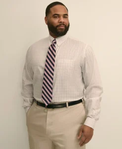 Big & Tall Stretch Cotton Non-Iron Pinpoint Oxford Polo Button Down, Windowpane Dress Shirt