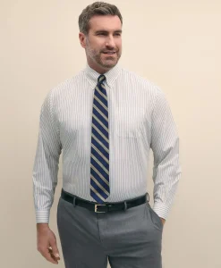 Big & Tall Stretch Cotton Non-Iron Pinpoint Polo Button Down Collar, Track Stripe Dress Shirt