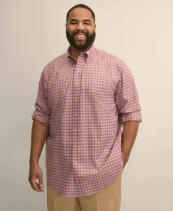 Big & Tall Stretch Cotton Non-Iron Poplin Polo Button Down, Check Sport Shirt