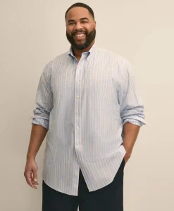 Big & Tall Stretch Cotton Non-Iron Poplin Polo Button Down, Stripe Sport Shirt