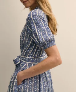 Chambray Floral-Stripe Embroidered Belted Shirt Dress