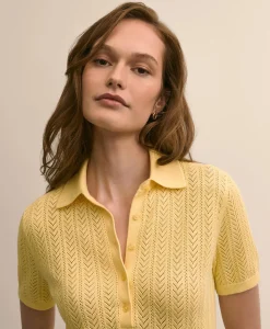 Cotton Blend Pointelle Polo Sweater