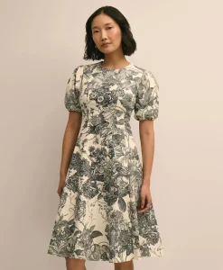 Cotton Blend Puff-Sleeve Floral Print Dress