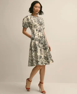 Cotton Blend Puff-Sleeve Floral Print Dress