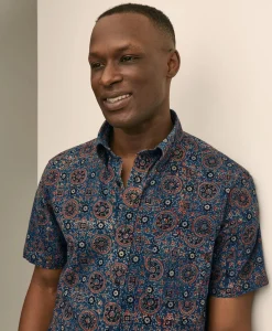 Cotton Block Mosaic Print Button-Down Collar, Short-Sleeve Shirt
