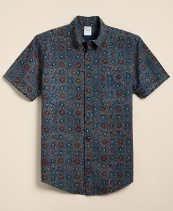 Cotton Block Mosaic Print Button-Down Collar, Short-Sleeve Shirt