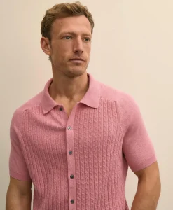 Cotton Cable-Knit Short-Sleeve Polo Sweater