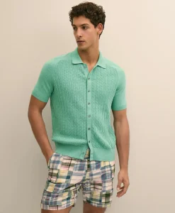Cotton Cable-Knit Short-Sleeve Polo Sweater