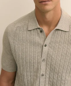 Cotton Cable-Knit Short-Sleeve Polo Sweater