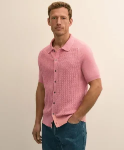 Cotton Cable-Knit Short-Sleeve Polo Sweater