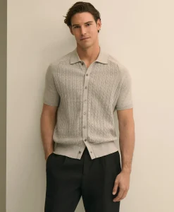 Cotton Cable-Knit Short-Sleeve Polo Sweater