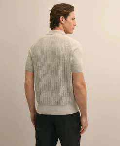 Cotton Cable-Knit Short-Sleeve Polo Sweater