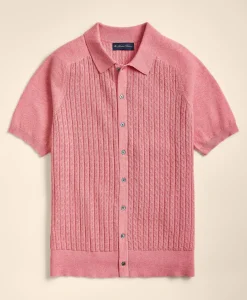 Cotton Cable-Knit Short-Sleeve Polo Sweater