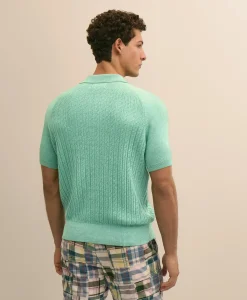 Cotton Cable-Knit Short-Sleeve Polo Sweater