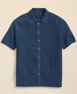 Cotton Cable-Knit Short-Sleeve Polo Sweater