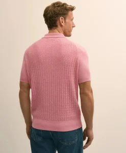 Cotton Cable-Knit Short-Sleeve Polo Sweater