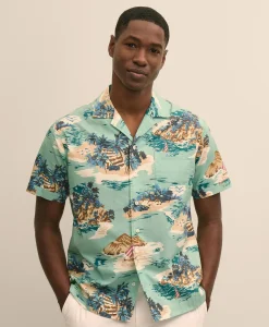 Cotton Camp Collar, Island Motif Short-Sleeve Shirt