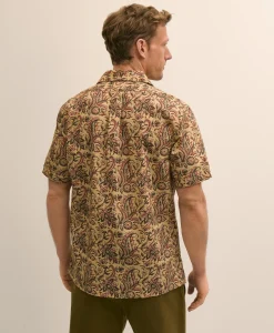 Cotton Camp Collar, Paisley Block Print Short-Sleeve Shirt