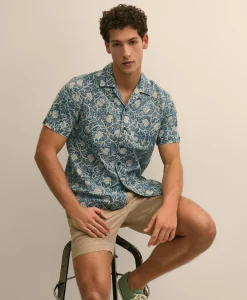 Cotton Camp Collar, Vine Block Print Short-Sleeve Shirt