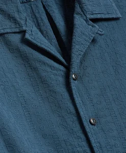 Cotton Embroidered Geo Camp Collar Short-Sleeve Shirt