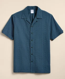 Cotton Embroidered Geo Camp Collar Short-Sleeve Shirt