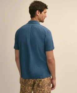 Cotton Embroidered Geo Camp Collar Short-Sleeve Shirt