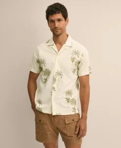 Cotton-Linen Camp Collar, Palm Tree Short-Sleeve Shirt