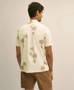 Cotton-Linen Camp Collar, Palm Tree Short-Sleeve Shirt