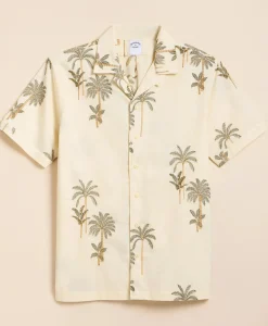 Cotton-Linen Camp Collar, Palm Tree Short-Sleeve Shirt