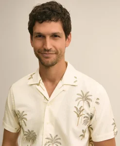Cotton-Linen Camp Collar, Palm Tree Short-Sleeve Shirt