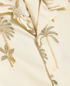 Cotton-Linen Camp Collar, Palm Tree Short-Sleeve Shirt