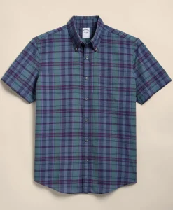 Cotton Madras Polo Button-Down Collar, Short-Sleeve Shirt