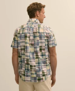 Cotton Patchwork Madras Polo Button-Down Collar, Short-Sleeve Shirt