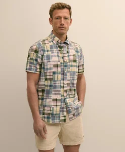 Cotton Patchwork Madras Polo Button-Down Collar, Short-Sleeve Shirt