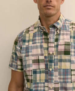 Cotton Patchwork Madras Polo Button-Down Collar, Short-Sleeve Shirt