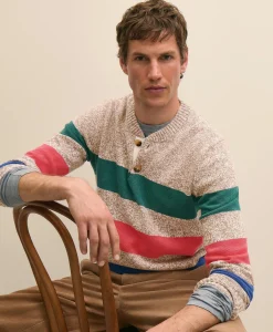 Cotton Rugby Stripe Marled Henley Sweater