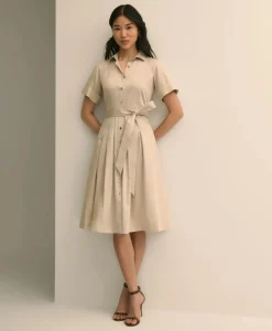 Cotton Sateen Short-Sleeve Belted Shirt Dress