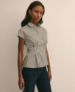 Cotton Sateen Stripe Peplum Shirt