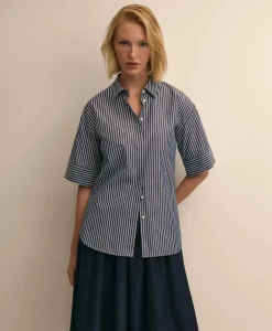 Cotton Short-Sleeve Drop-Shoulder Striped Shirt