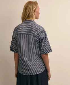 Cotton Short-Sleeve Drop-Shoulder Striped Shirt