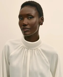 Crepe Band-Collar Relaxed Blouse