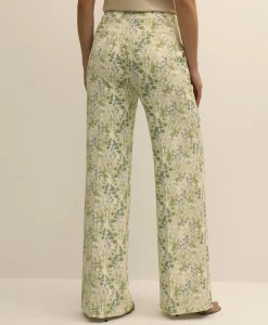 Crepe Botanical Print Wide-Leg Pants