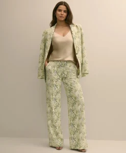 Crepe Botanical Print Wide-Leg Pants