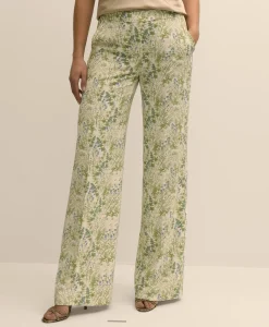 Crepe Botanical Print Wide-Leg Pants