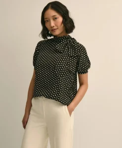 Dot-Print Tie-Neck Blouse