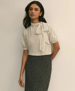 Dot-Print Tie-Neck Blouse
