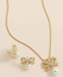 Faux Pearl & Crystal Pave Bow Pendant and Earrings Set