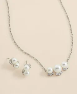 Faux Pearl Cubic-Zirconia Cluster Necklace and Earrings Set