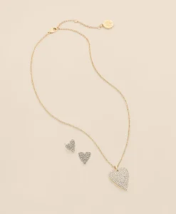 Gold-Tone Cubic Zirconia Heart Necklace & Earrings Set